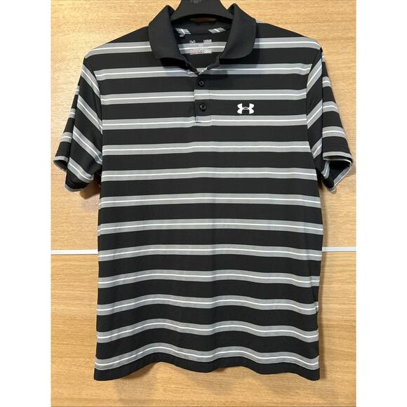 Under Armour Heat Gear Polo Loose Golf Casual Shirt Men’s Sz L - Blk/wht Striped - Picture 1 of 3